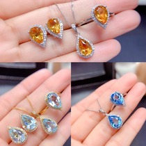 Imitation natural blue topaz ring set pendant earrings drop necklace for women