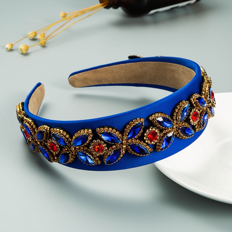European and American Baroque style fabric headband with colorful rhinestone flowers, royal blue full figure