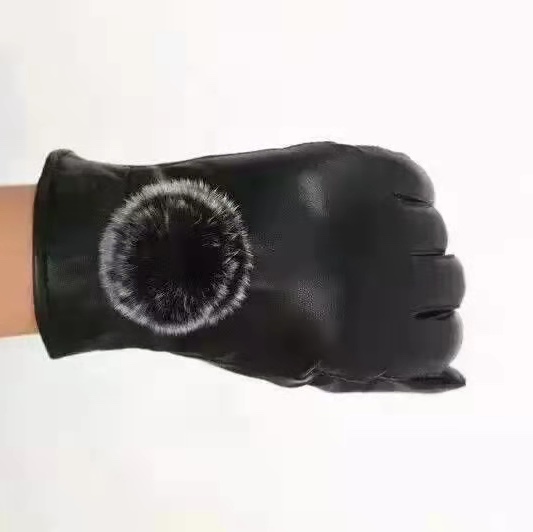 Goat leather gloves Men's warm thick riding plus winter touch screen women's hairball Drive motorcycle thin