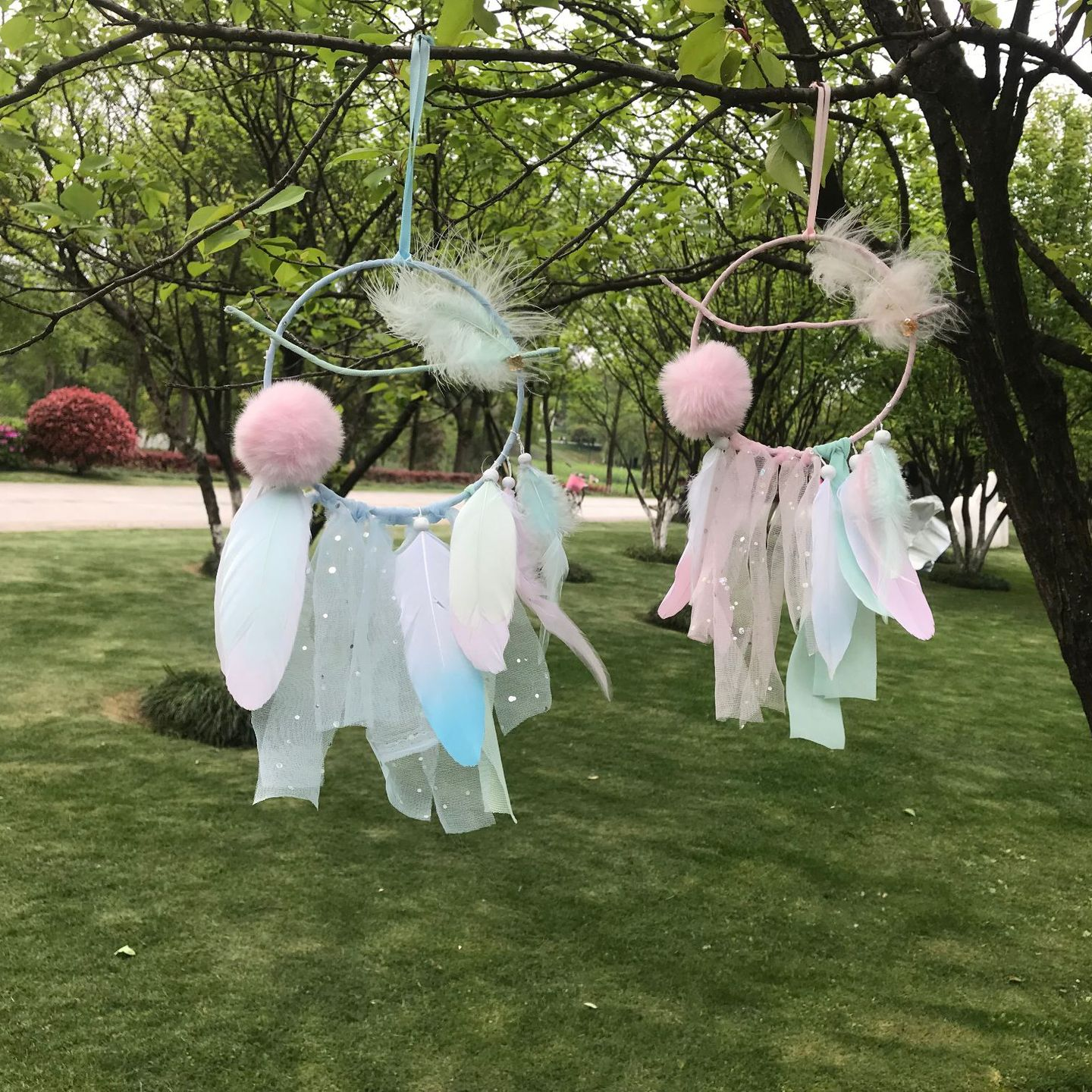 粉色羽毛单环捕梦网风铃挂件女生礼物挂饰室内装饰印第安梦网礼物