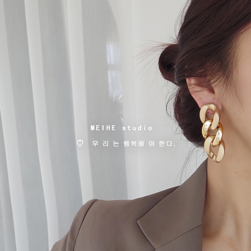 2021新款时尚饰品耳饰简约金属链条扣3颗扣耳环网红同款