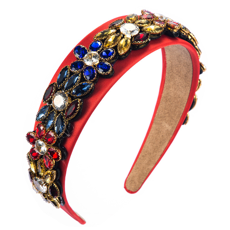 Baroque wide-edge headband with colorful rhinestone flowers Specification drawing
