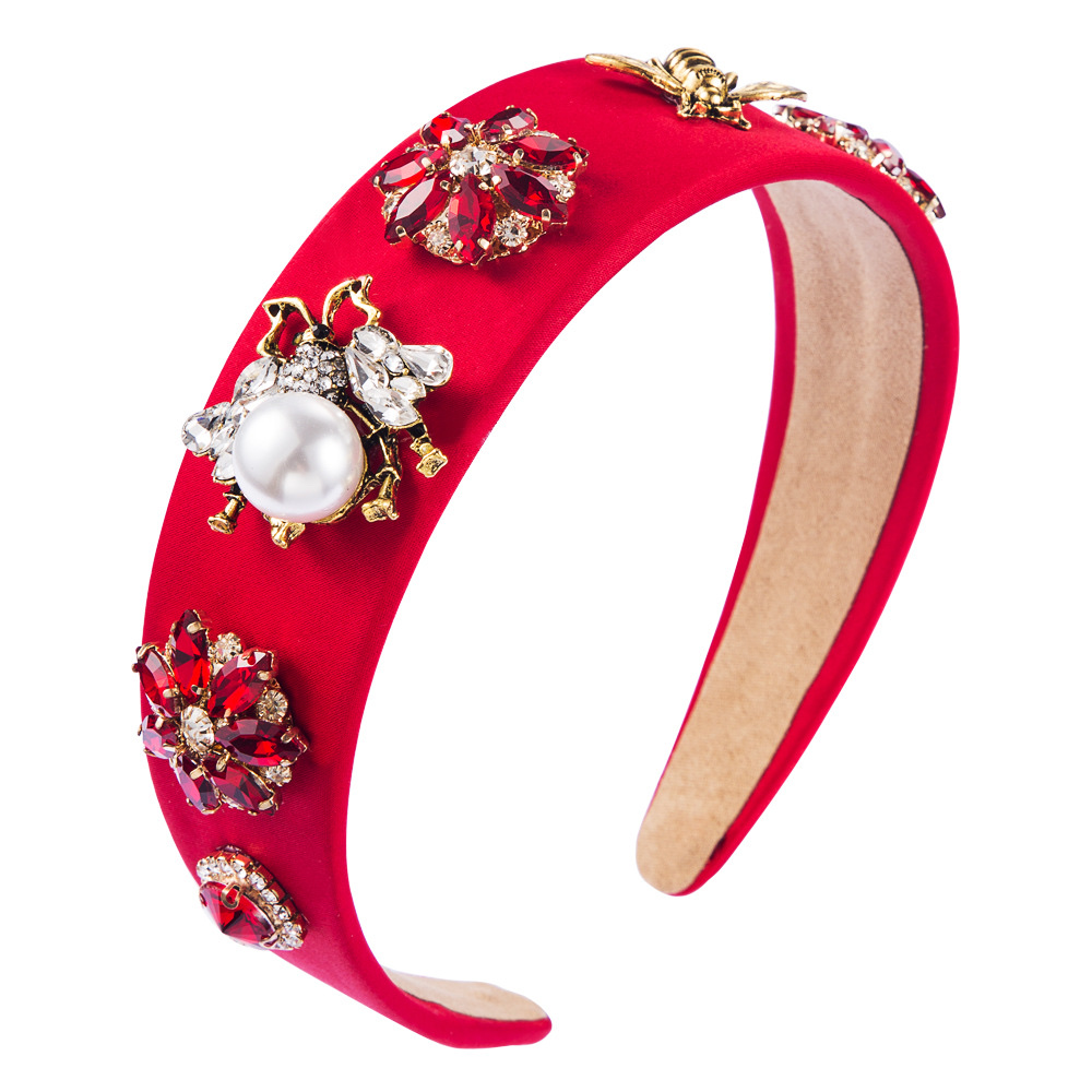 Retro animal bee-shaped headband with pearl rhinestones in orange Specification drawing
