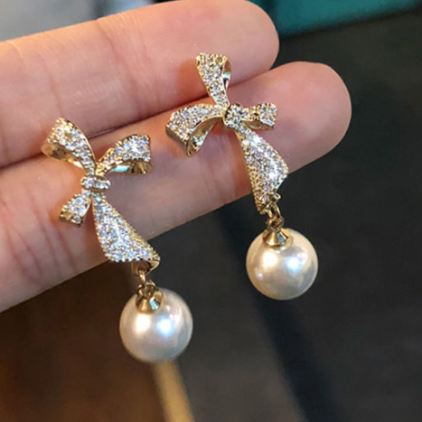 48S925 silver needle, high-end diamond-encrusted bow earrings, Korean style, internet-famous pearl stud earrings, simple and girlish, small and delicate