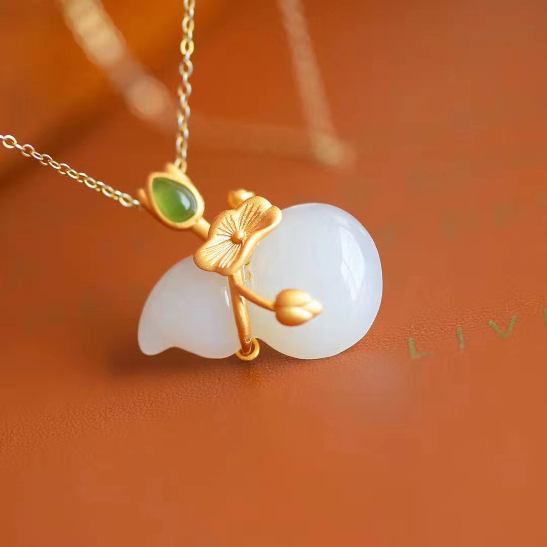 中国风鎏金工艺荷叶葫芦玉石吊坠新款个性设计