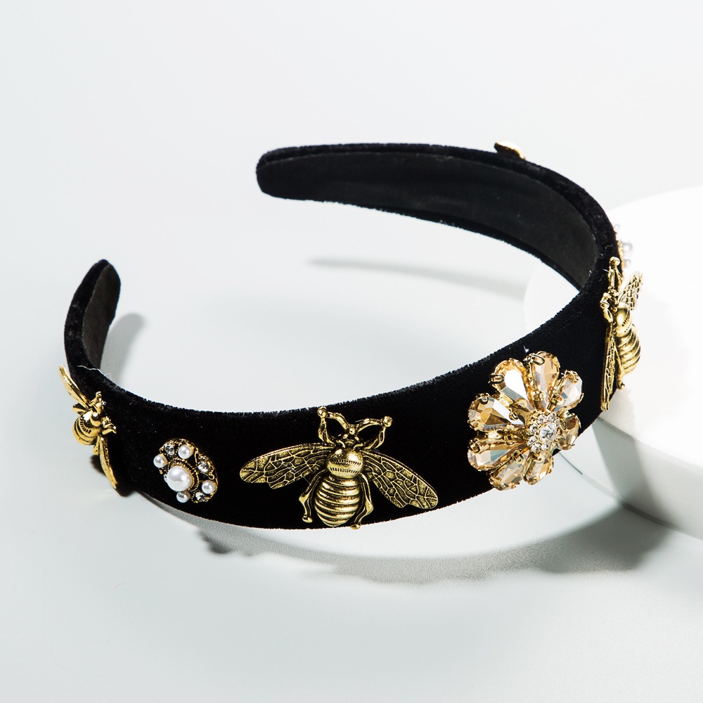 Retro court-style Baroque bee wide-edge velvet headband full figure
