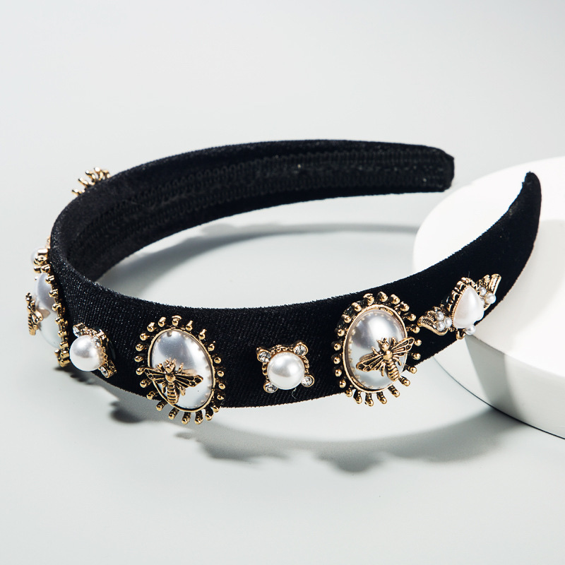 Black velvet and rhinestone alloy bee and pearl women's hair band details Picture