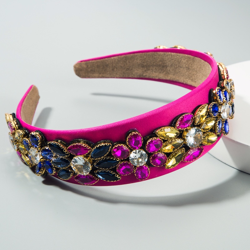 Baroque wide-edge headband with colorful rhinestone flowers full figure