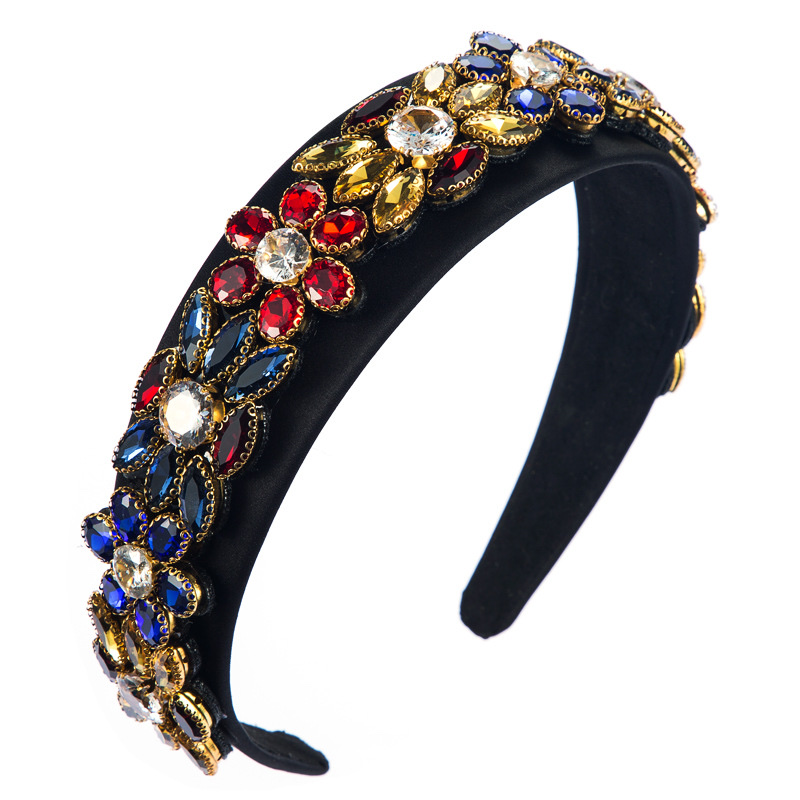 Baroque wide-edge headband with colorful rhinestone flowers details Picture