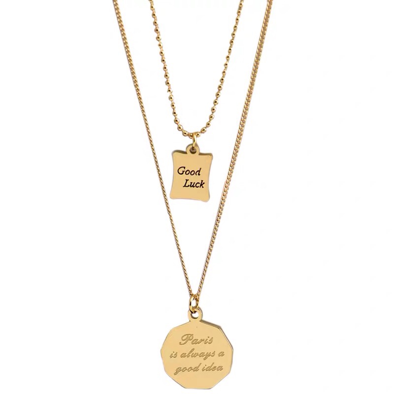 A simple double-layer stacked letter round plate necklace with a unique design sense for women, featuring a titanium steel collarbone chain as a fashionable accessory