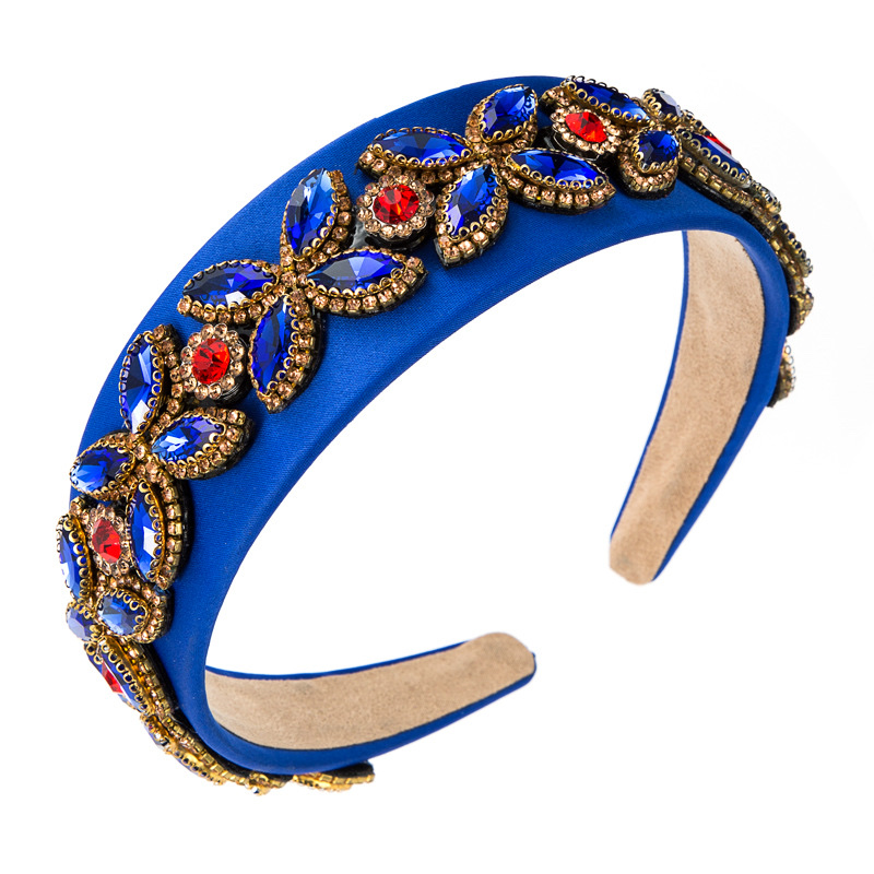 European and American Baroque style fabric headband with colorful rhinestone flowers, royal blue Specification drawing