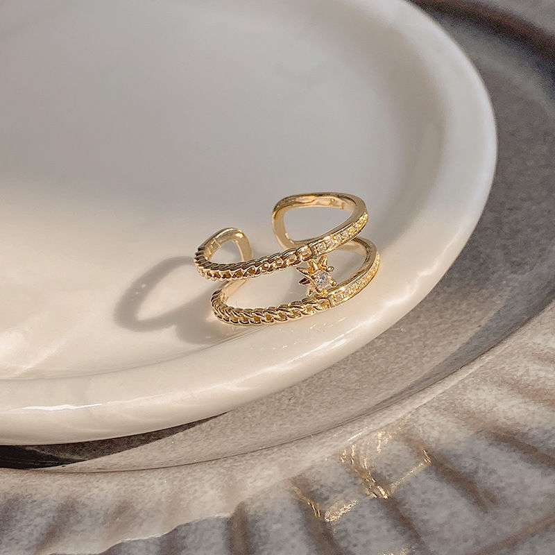 Hexagonal star ring, cold style, high-end feel, index finger ring, women's InS-style ring, light luxury, niche zircon double-layer ring detail image 1