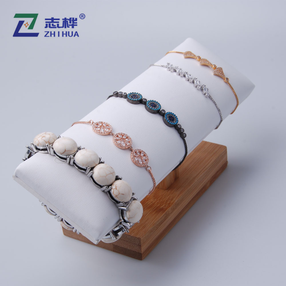 Natural bamboo and wood series: Original color bamboo edge white leather bracelet stand, handchain stand, and accessory display stand Item Picture