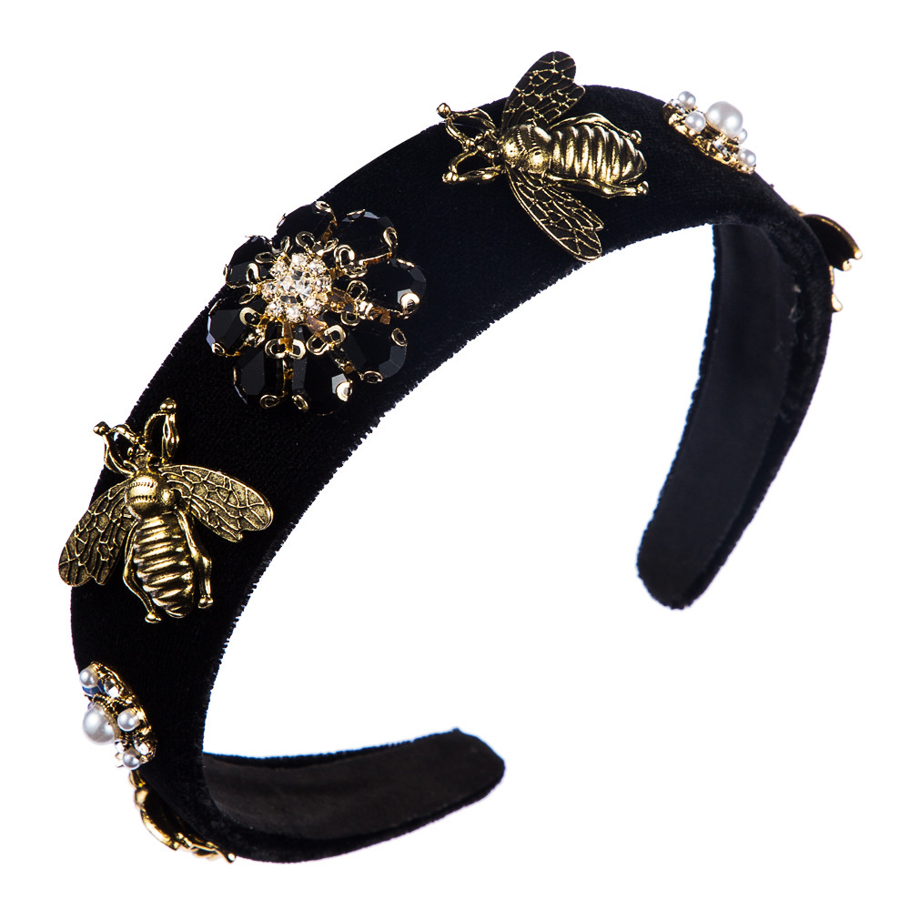 Retro court-style Baroque bee wide-edge velvet headband Specification drawing