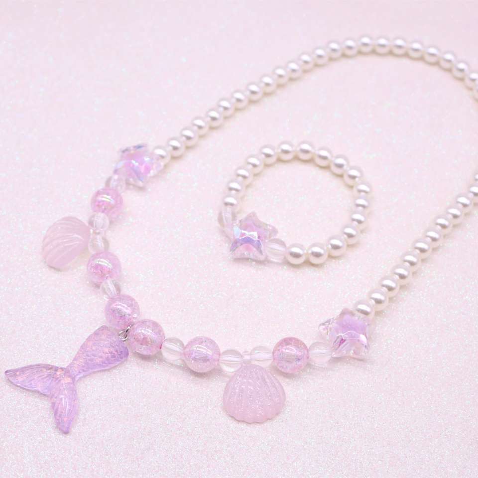 Children's necklace, beauty fish tail girl imitation pearl shell necklace bracelet set, girls' accessories details Picture