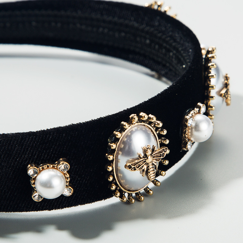 Black velvet and rhinestone alloy bee and pearl women's hair band Specification drawing