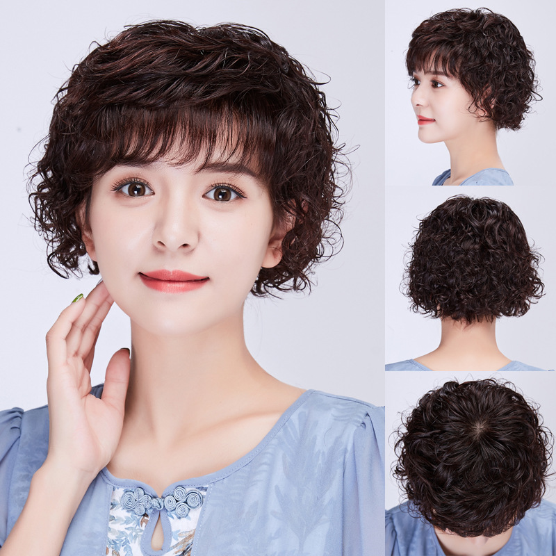 真发假发套女士短卷发中老年妈妈发真人发丝全头套整顶假发套自然