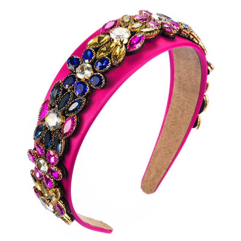 Baroque wide-edge headband with colorful rhinestone flowers details Picture