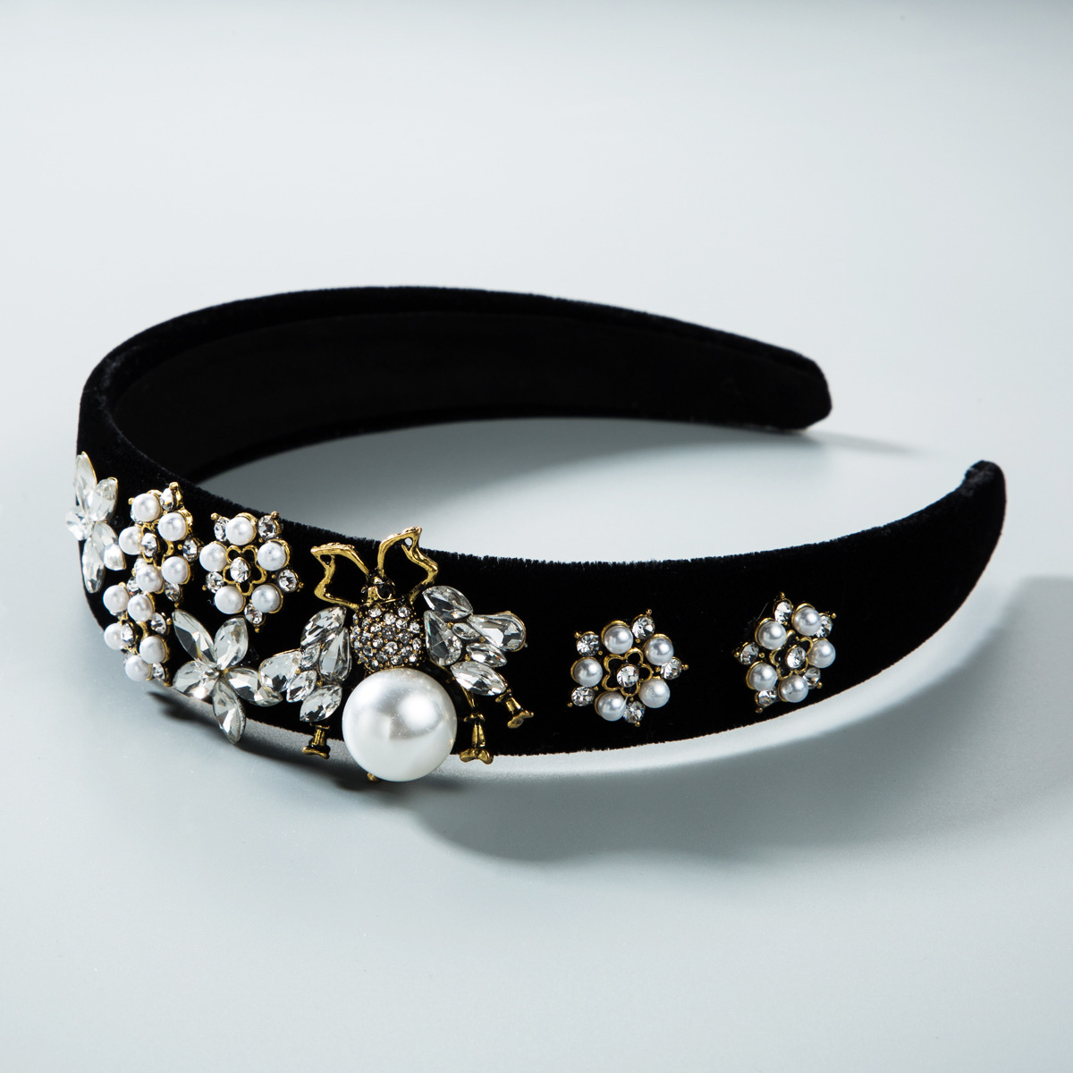 Baroque water diamond Bee Wide-edge velvet Christmas pearl headband details Picture
