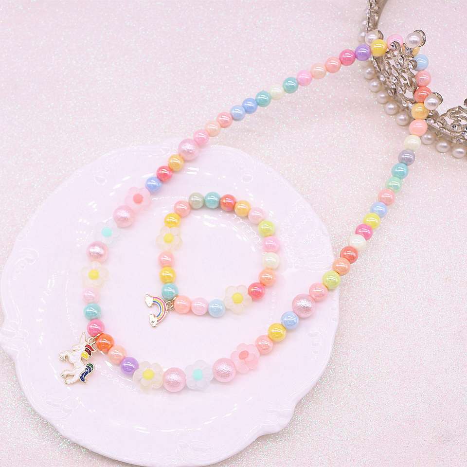 Children's necklace set, baby, girl, cartoon unicorn, princess, flower, cute spring color necklace and bracelet Item Picture
