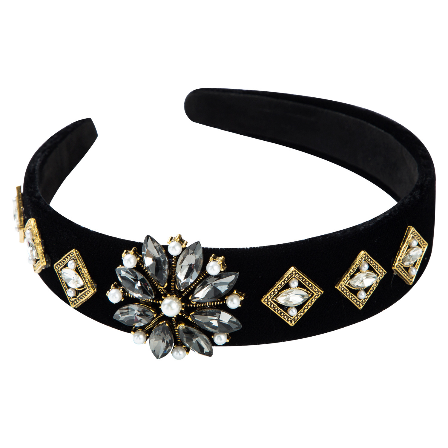Black velvet European and American diamond-encrusted flower ultra-sparkling wide-edge headband grey full figure