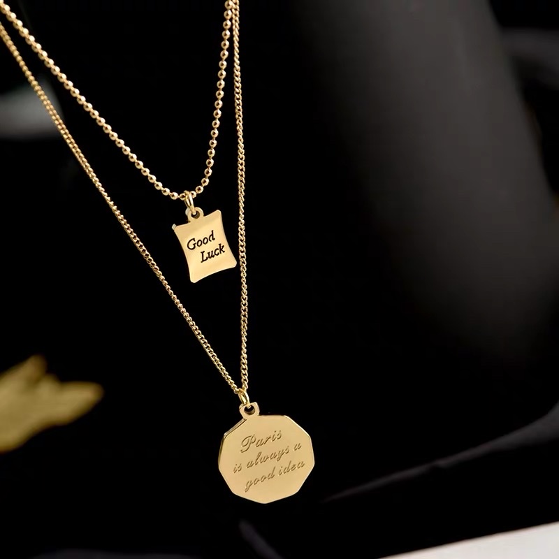 A simple double-layer stacked letter round plate necklace with a unique design sense for women, featuring a titanium steel collarbone chain as a fashionable accessory detail image 2