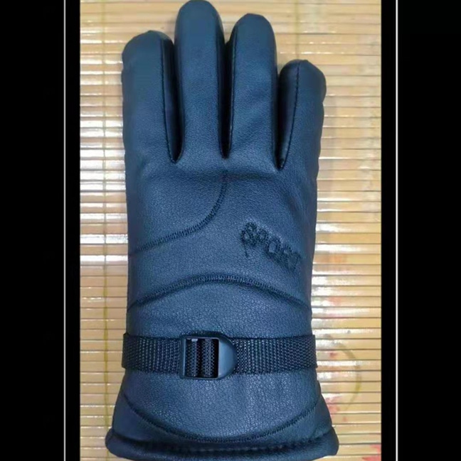 Leather gloves autumn and winter with fleece thickened riding and driving men's outdoor warm cotton ski windproof gloves thumbnail