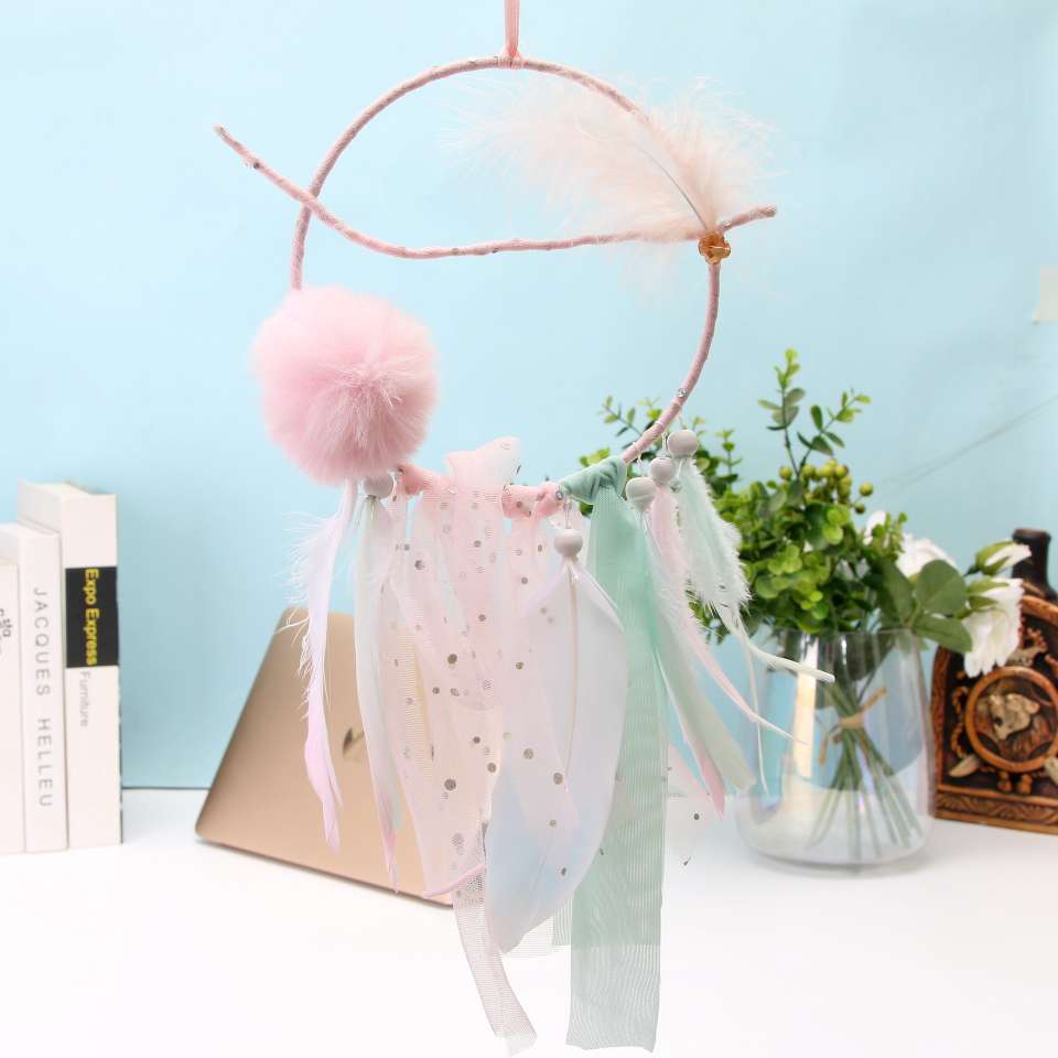 粉色羽毛单环捕梦网风铃挂件女生礼物挂饰室内装饰印第安梦网礼物产品图