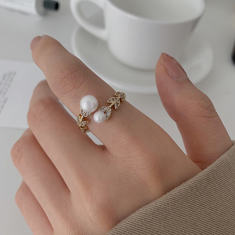 Leaf pearl style ring female fashion personality niche design sense light luxury delicate micro-inset zircon index finger ring thumbnail