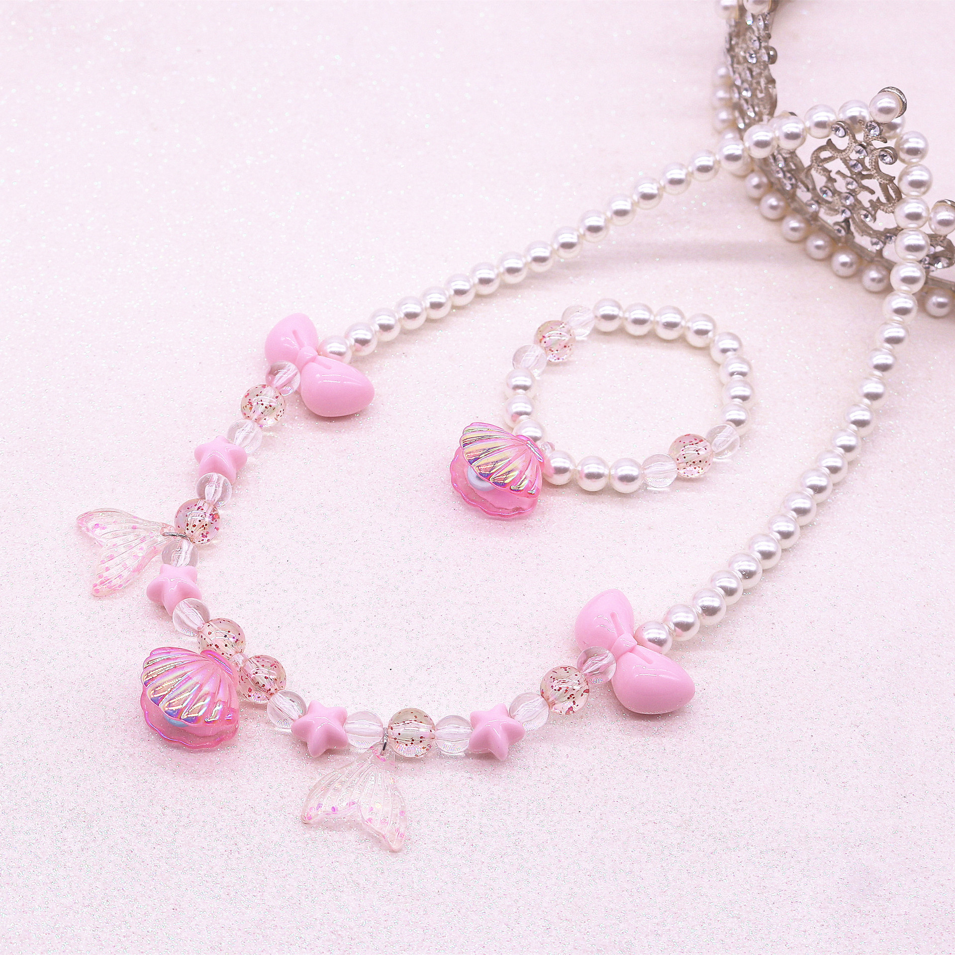 Children's new Beauty Fishtail imitation Pearl Necklace bracelet Cute pink shell necklace bracelet set for girls