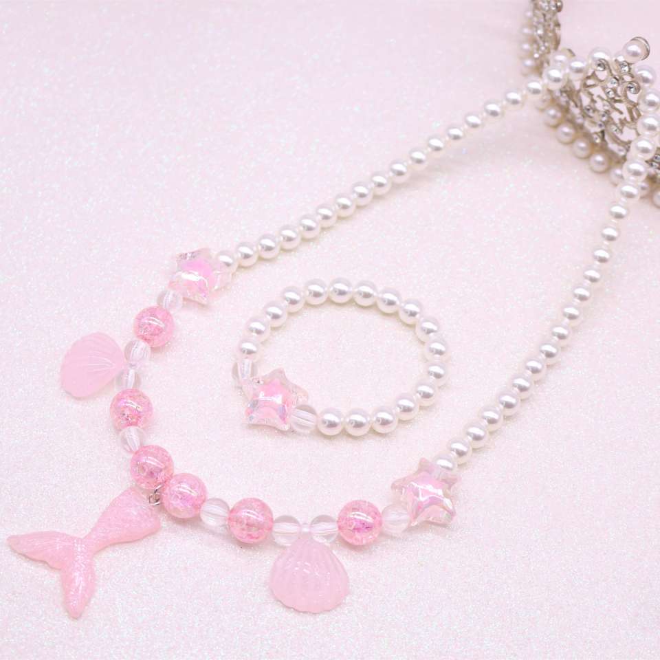 Children's necklace, beauty fish tail girl imitation pearl shell necklace bracelet set, girls' accessories Item Picture