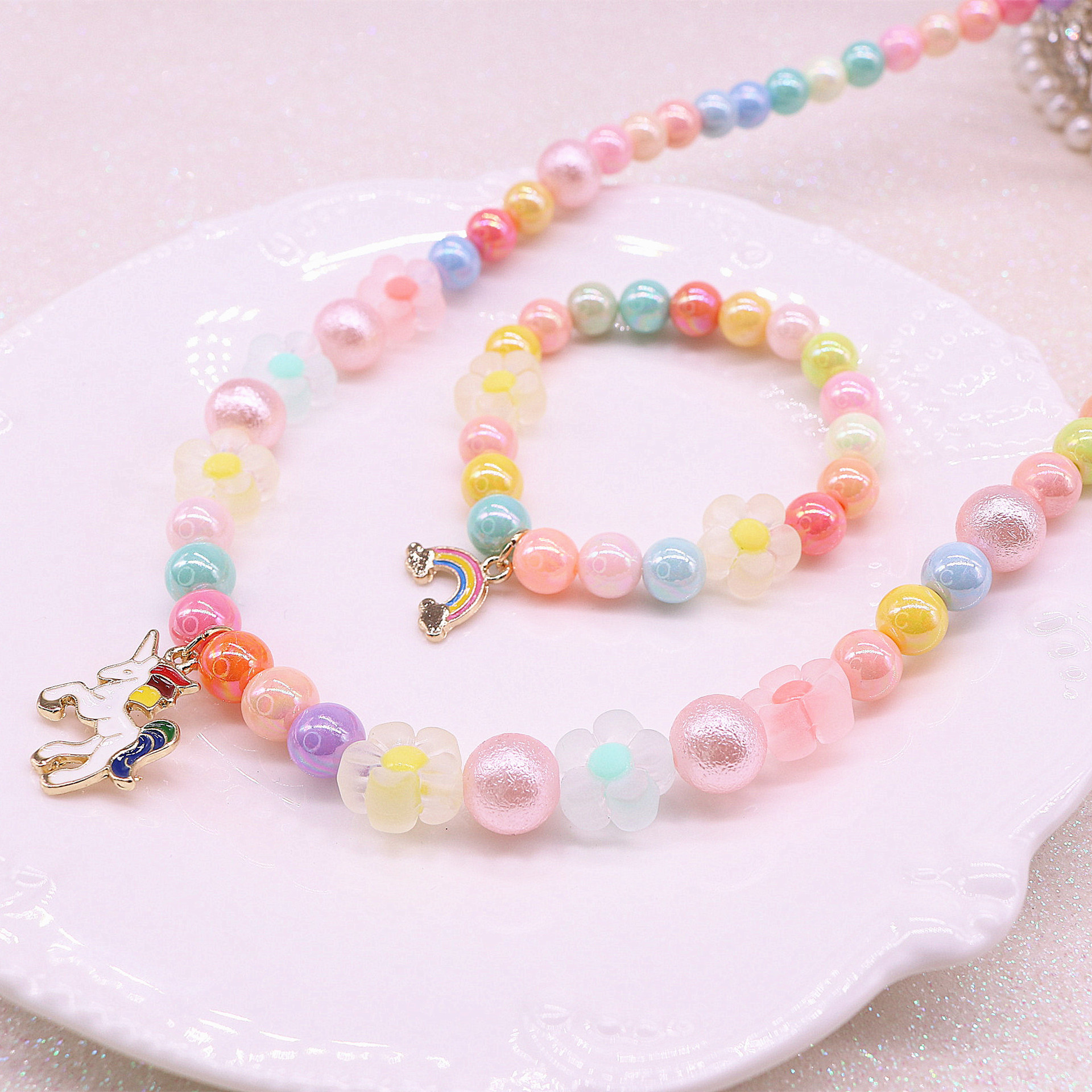 Children's necklace set, baby, girl, cartoon unicorn, princess, flower, cute spring color necklace and bracelet