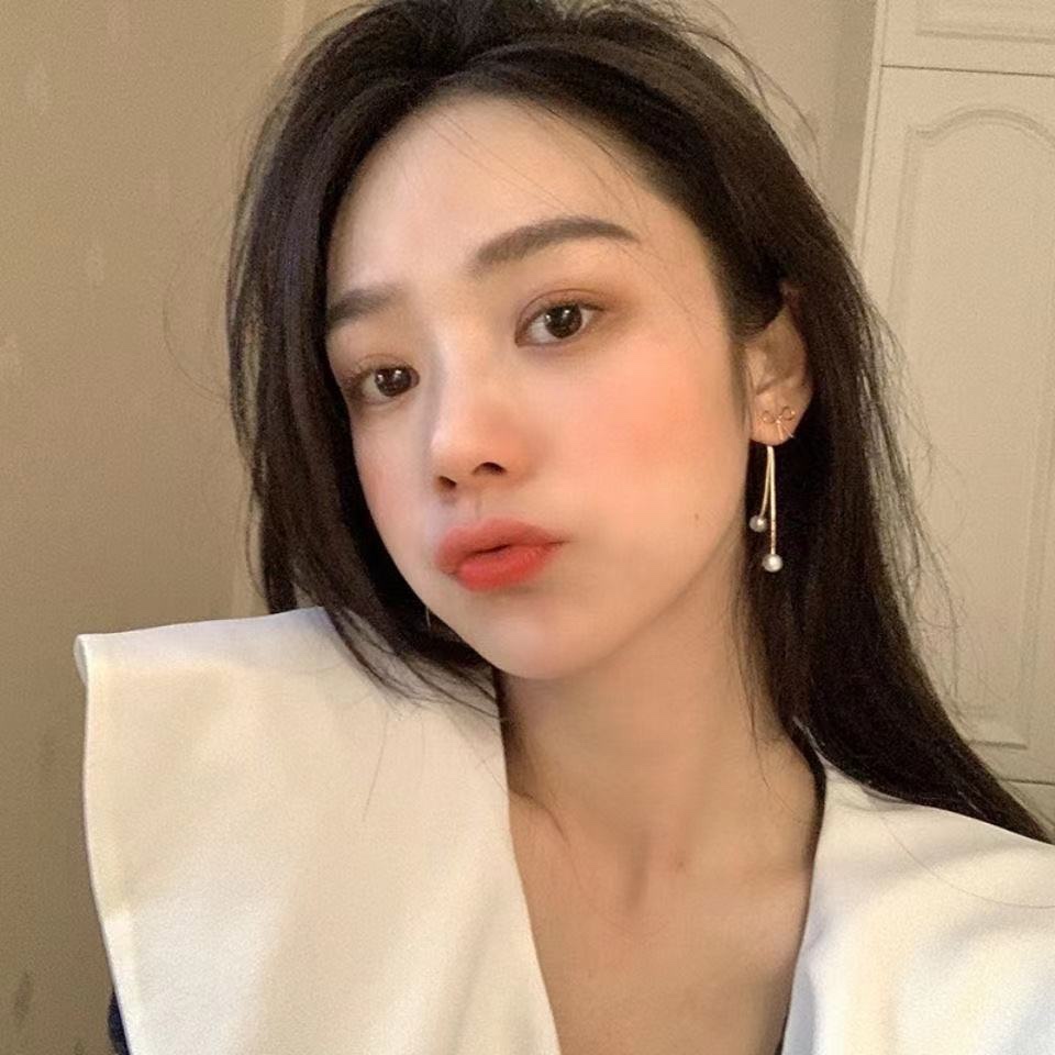 Face thin earrings Gentle pearl fringe long earrings Korean style 925 silver needle earrings earrings