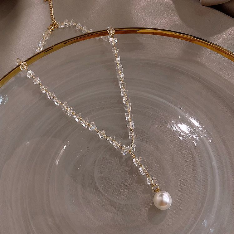 25ins crystal pearl necklace, female collarbone chain, stylish and trendy choker, ethereal pendant, neck accessory, neckband details Picture