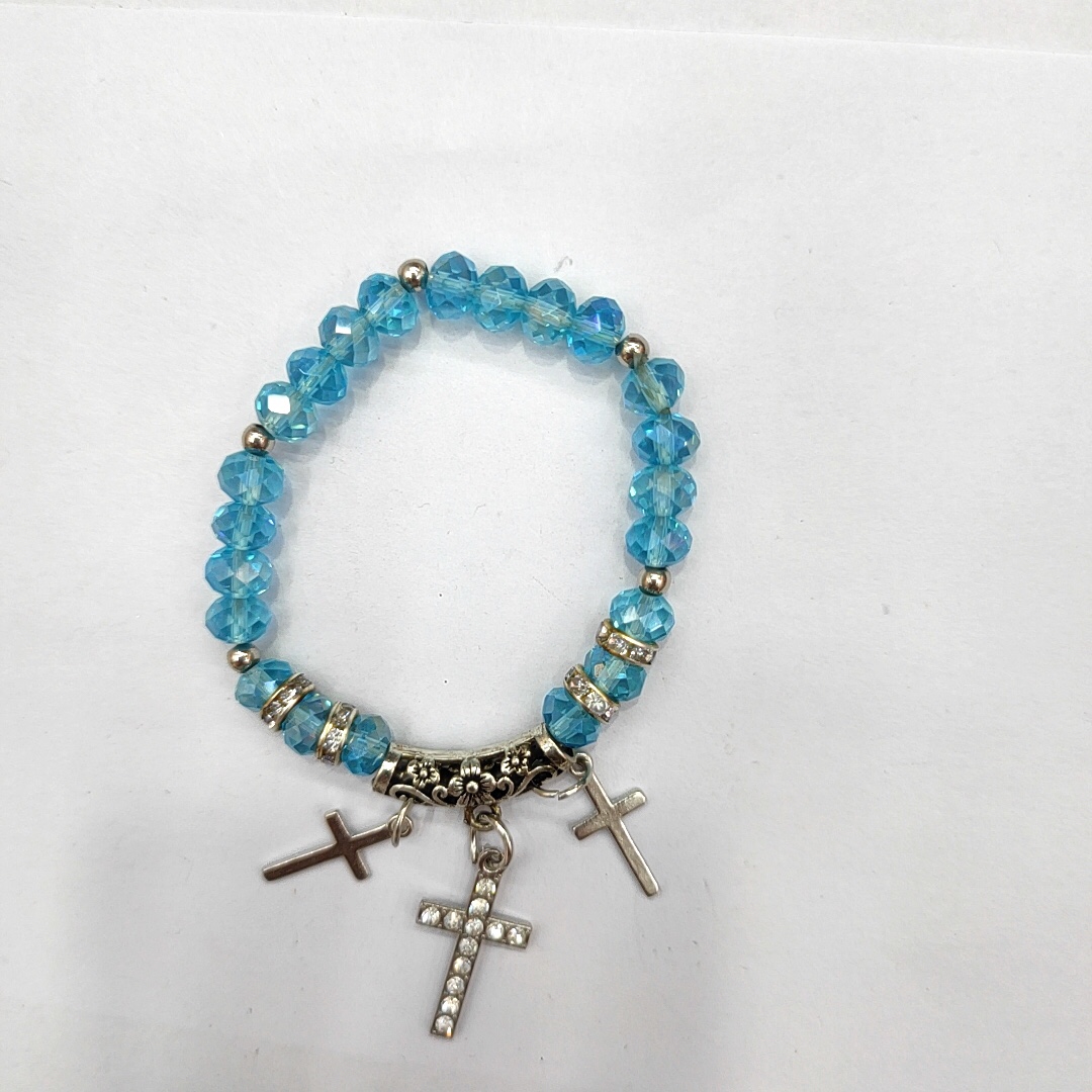 Blue crystal alloy accessory beaded bracelet, retro ethnic with diamond cross pendant series, diy beaded elastic bracelet, direct supply of beads, European and American Sailon jewelry 1092