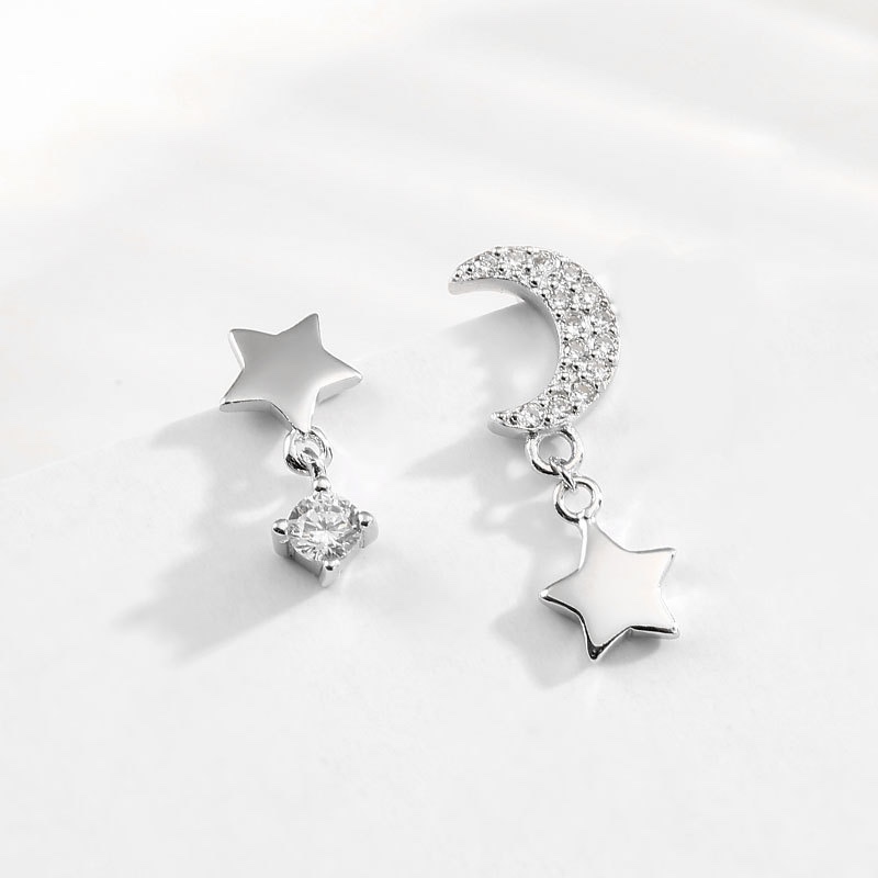 s925 Silver Star Moon Ear Pendants, simple and cold style women's ear studs, trendy Japanese and Korean zircon style earrings and earrings