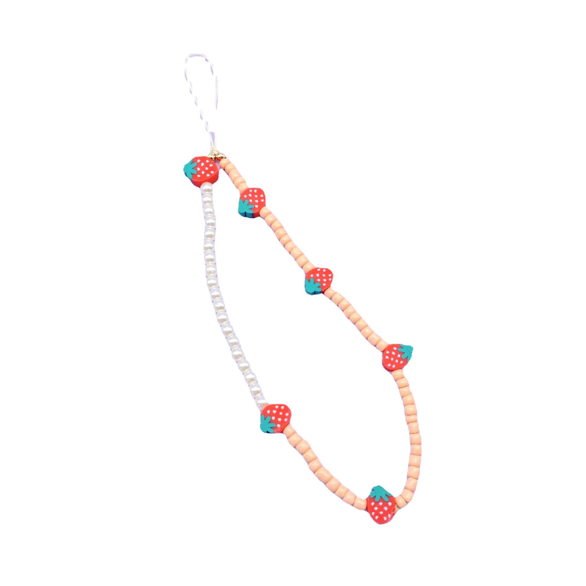 National wind mobile phone chain imitation pearl polymer clay strawberry mobile phone lanyard glass rice beads hanging ornaments for women