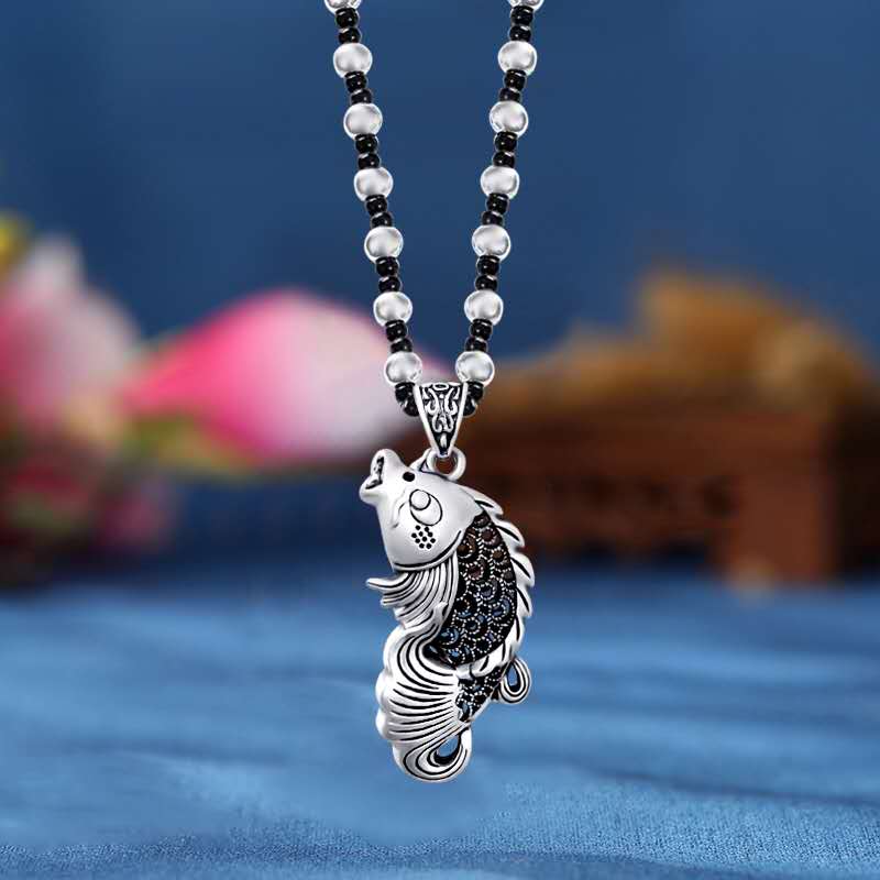 Jingpo Li Jewelry Collection Silver large beads and black beads Korean wax thread long sweater chain ~ One leaf brings wealth Specification image