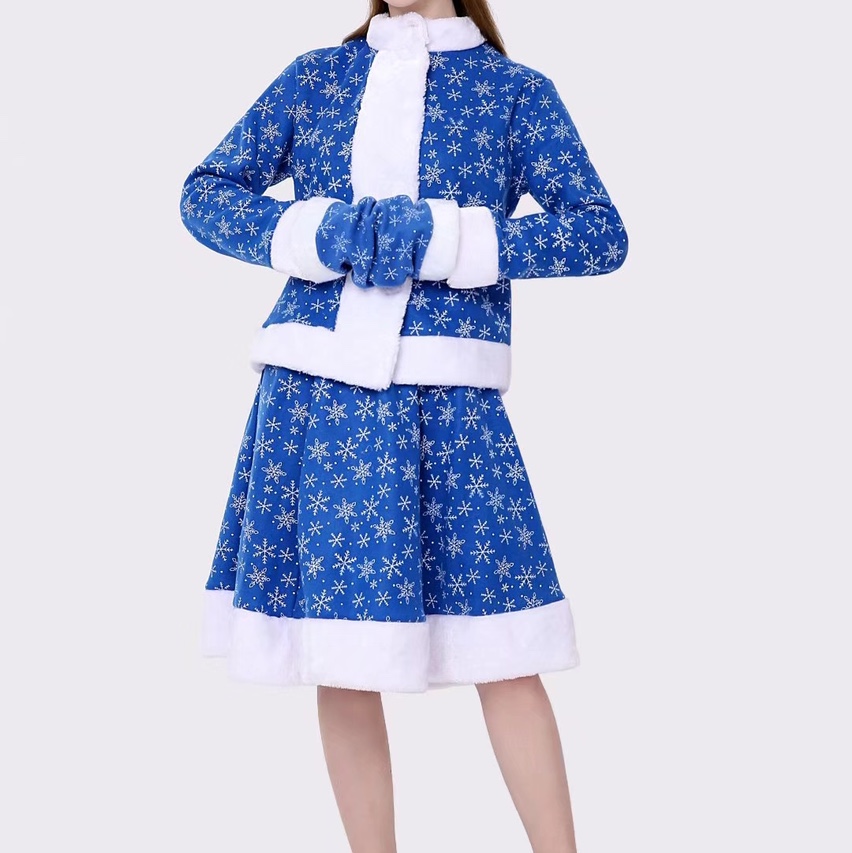 Christmas girl set, snowflake long-sleeved short skirt set, blue printed gloves