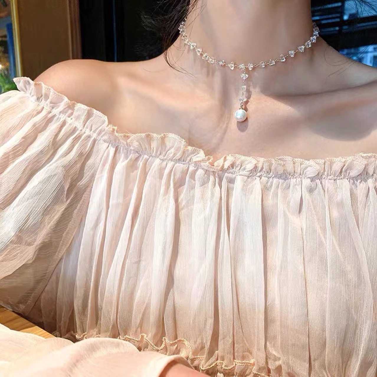25ins crystal pearl necklace, female collarbone chain, stylish and trendy choker, ethereal pendant, neck accessory, neckband detail image 1