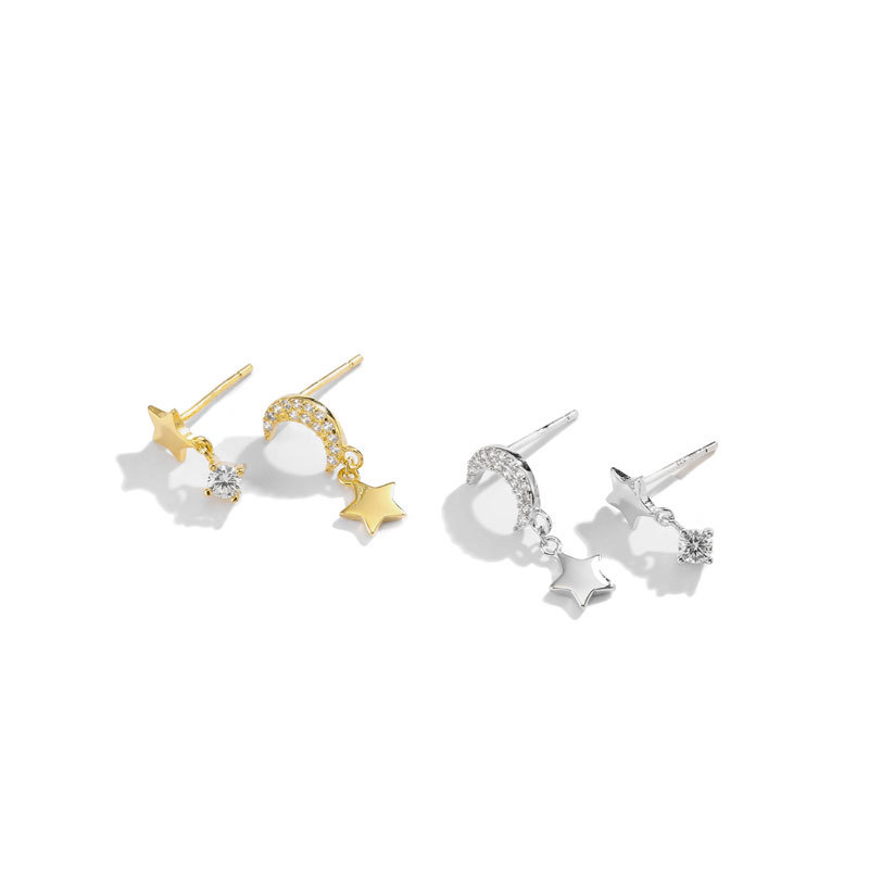 s925 Silver Star Moon Ear Pendants, simple and cold style women's ear studs, trendy Japanese and Korean zircon style earrings and earrings detail image 2