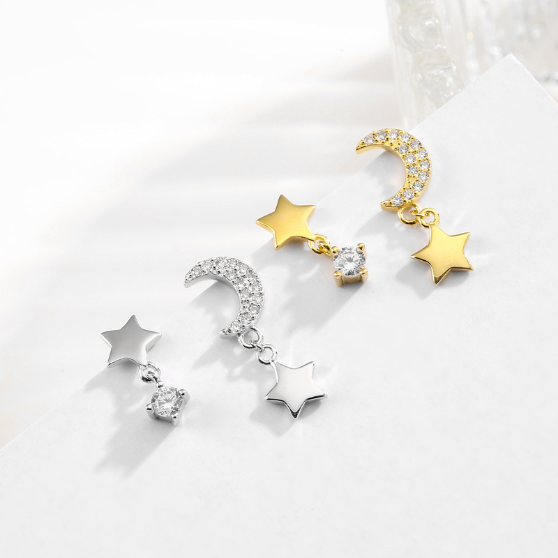s925 Silver Star Moon Ear Pendants, simple and cold style women's ear studs, trendy Japanese and Korean zircon style earrings and earrings details Picture
