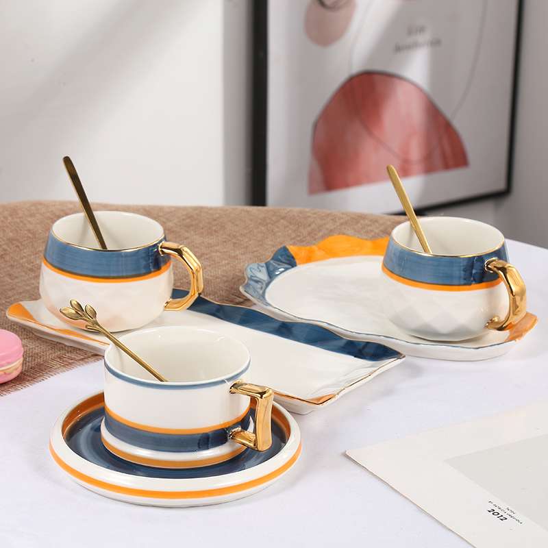European and American style afternoon tea tableware, two-color large sets of hand-painted coffee cups and plates, office simple coffee cup manufacturer detail image 8