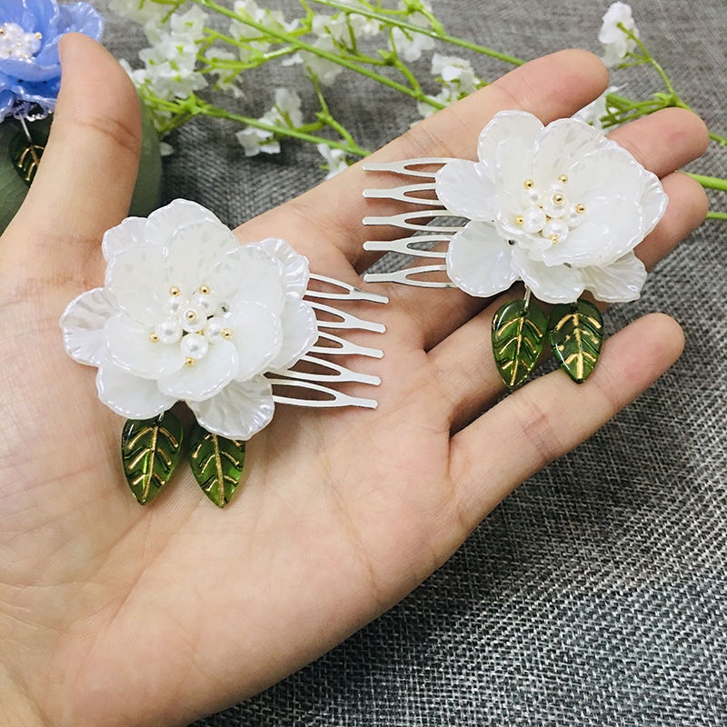 原创小白茶发簪汉服配饰古装头饰盘发簪子发梳簪花插梳对夹边钗