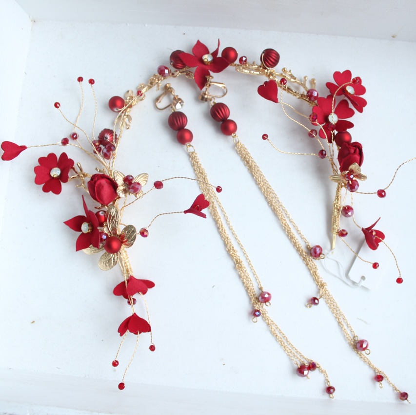 Jialan Accessories Chinese Wedding headwear, bride headwear set, handcrafted beaded earrings