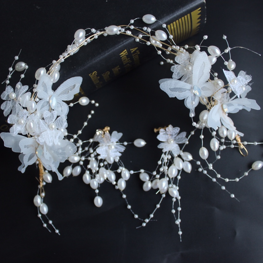 嘉蓝饰品 白色珠串新娘头饰套装带耳环图