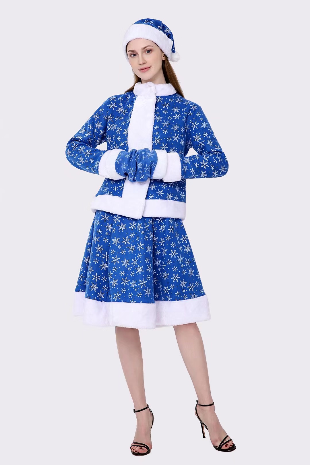 Christmas girl set, snowflake long-sleeved short skirt set, blue printed gloves detail image 4