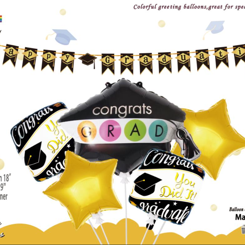 6pcs 毕业快乐铝模球套装带挂条