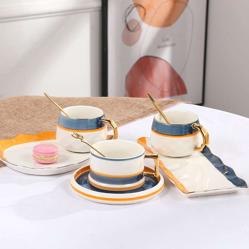 European and American style afternoon tea tableware, two-color large sets of hand-painted coffee cups and plates, office simple coffee cup manufacturer detail image 1
