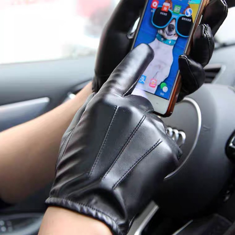 Autumn and winter leather gloves Men's thin touch screen driving and riding motorcycle gloves PU leather plus velvet repair hand